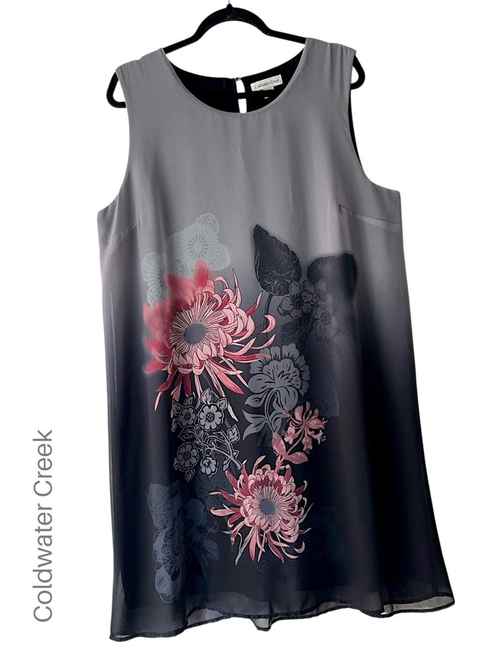 COLDWATER CREEK NWOT BLACK & GRAY OMBRÉ FLORAL SHEER SLEEVELESS DRESS LINED | XL